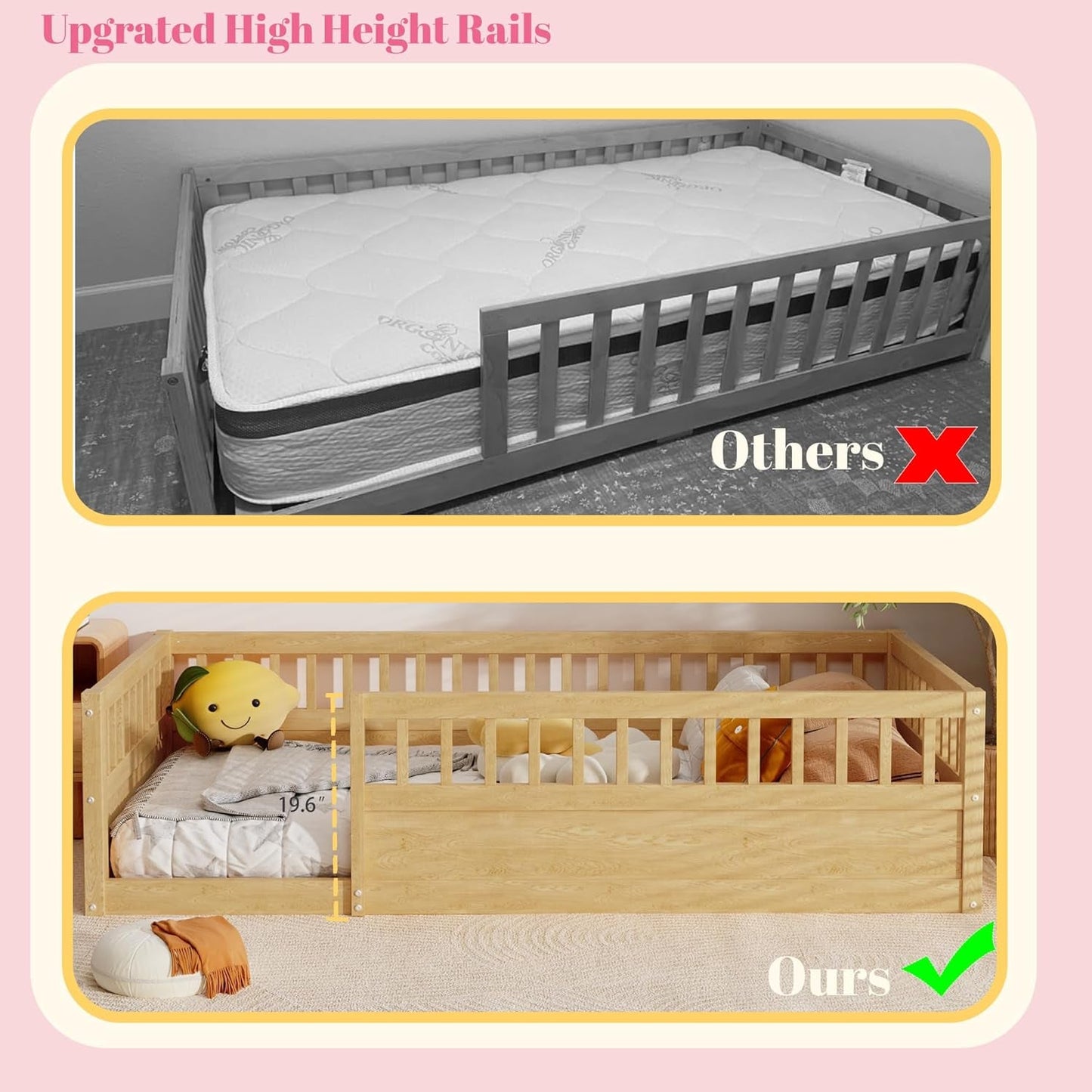 Twin Montessori Floor Bed with High Fence Natural